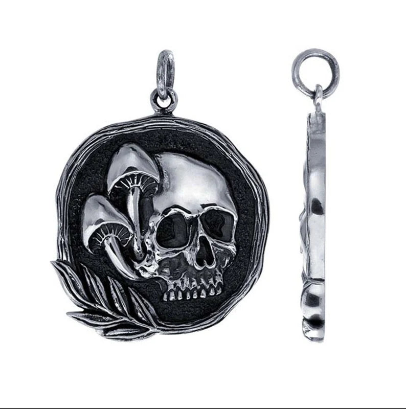 Gothic Sterling Silver Skull and Mushroom Pendant