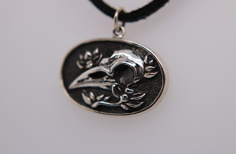 Gothic Sterling Silver Flower and Raven Skull Pendant