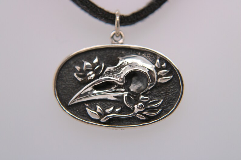 Gothic Sterling Silver Flower and Raven Skull Pendant