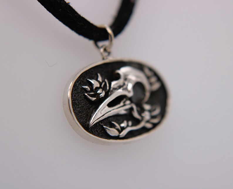 Gothic Sterling Silver Flower and Raven Skull Pendant
