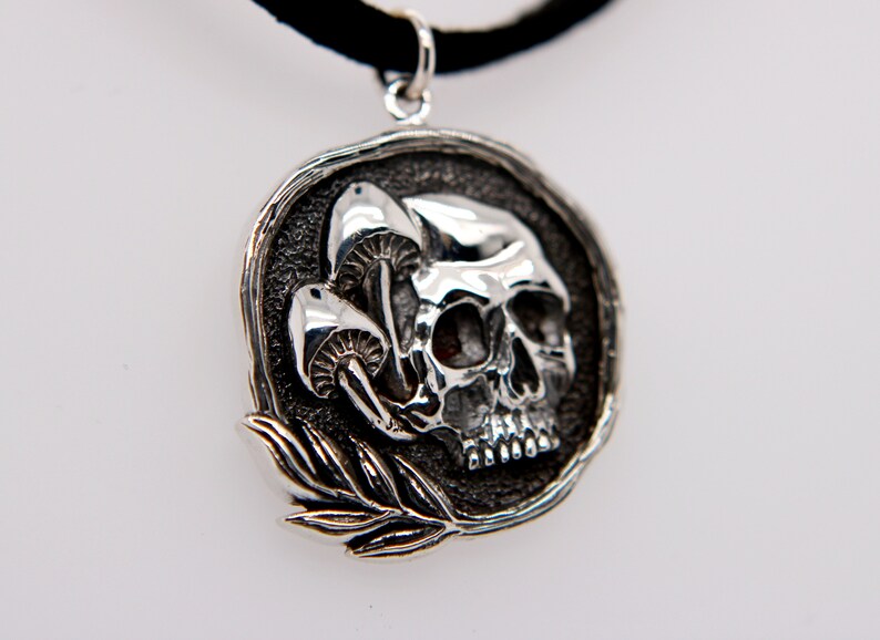 Gothic Sterling Silver Skull and Mushroom Pendant