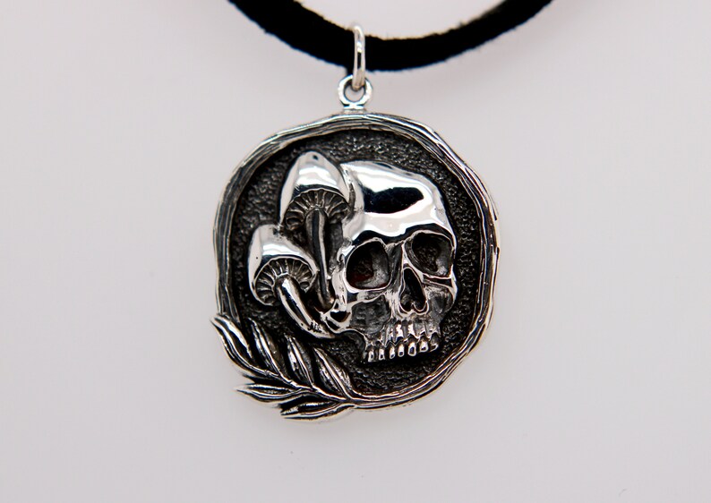 Gothic Sterling Silver Skull and Mushroom Pendant