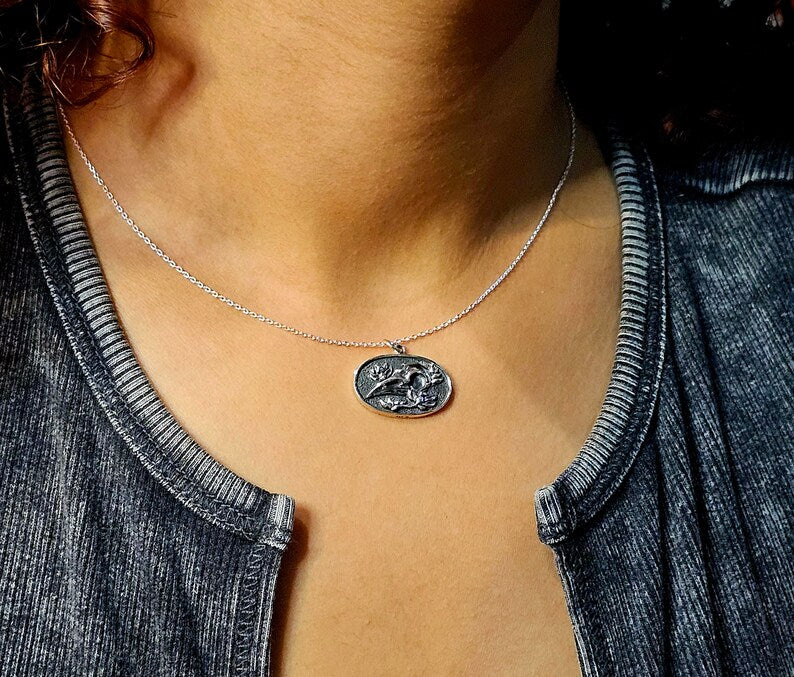 Gothic Sterling Silver Flower and Raven Skull Pendant