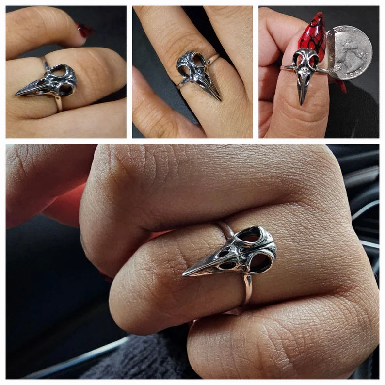 Gothic Sterling Silver Raven Skull Ring Bird Skull Ring