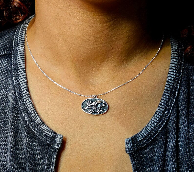 Gothic Sterling Silver Flower and Raven Skull Pendant