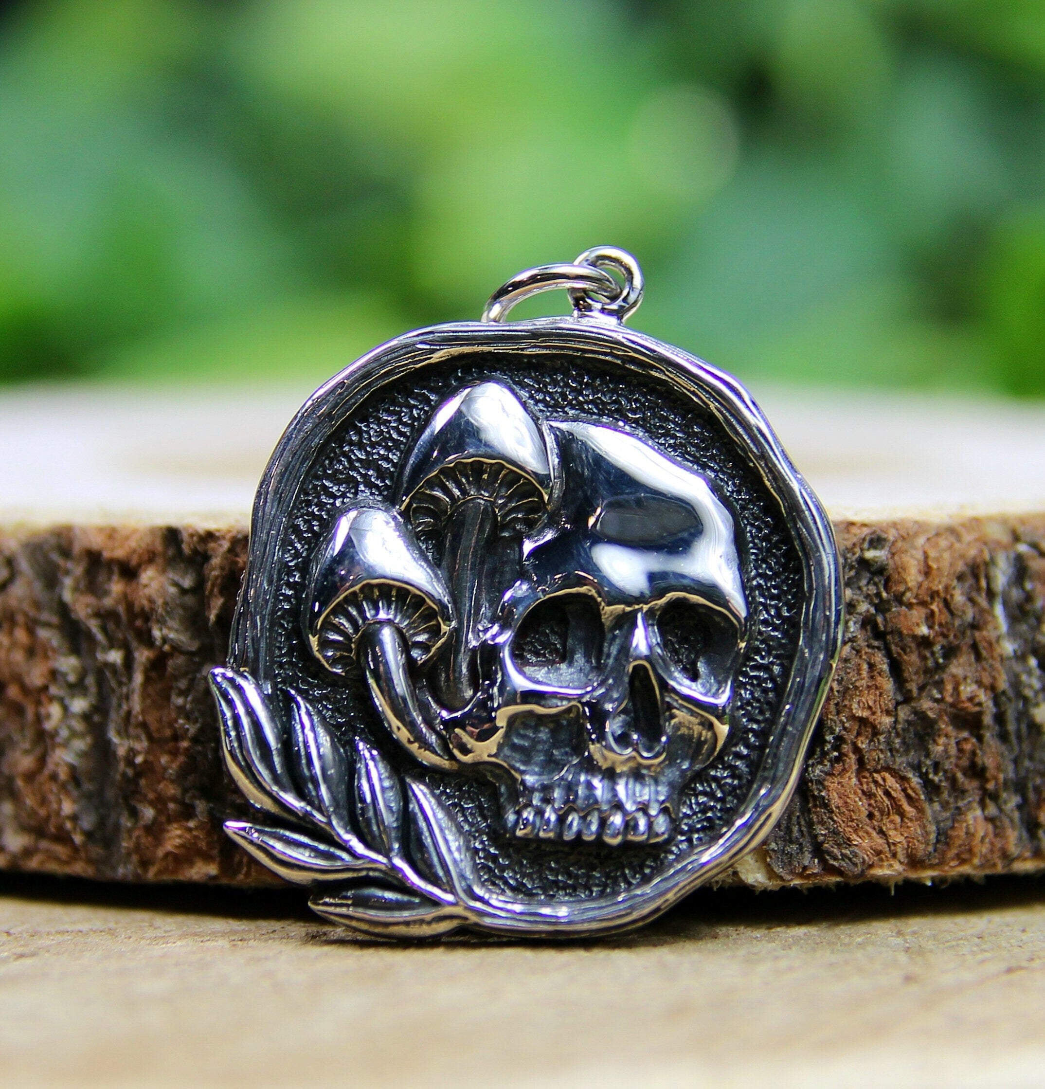 Gothic Sterling Silver Skull and Mushroom Pendant