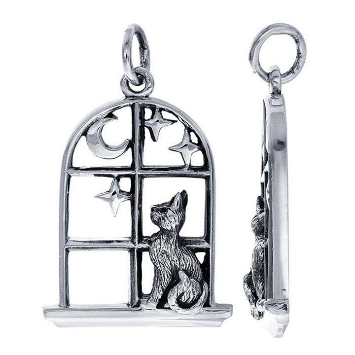 Gothic Sterling Silver Cat in Arch Window Pendant