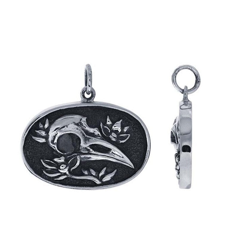 Gothic Sterling Silver Flower and Raven Skull Pendant